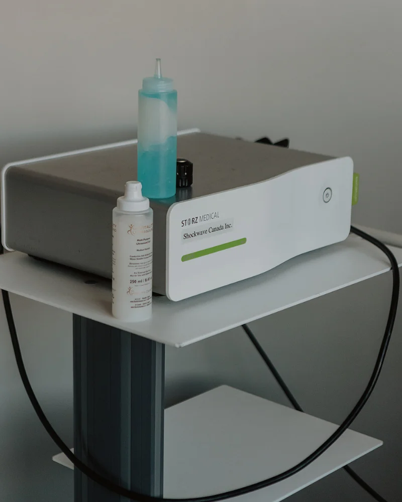 Storz Medical shockwave therapy machine used for tendon and soft tissue treatment at Pro Motion Clinic Kelowna